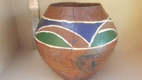 African Zulu Beer Pot -  Terracota Clay With Blue And Green Pattern Ukhamba