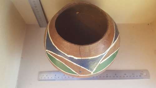 African Zulu Beer Pot -  Terracota Clay With Blue And Green Pattern Ukhamba