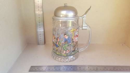 Vintage BMF! West Germany Glass October Fest Beer Stein / Mug with Pewter Lid Bicycle Bell