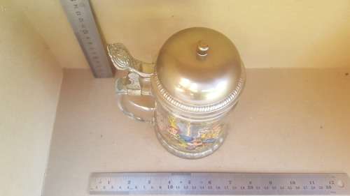 Vintage BMF! West Germany Glass October Fest Beer Stein / Mug with Pewter Lid Bicycle Bell