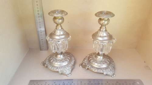 Vintage! - Lovely Pair of Candlesticks - Silver Plated with Glass drops