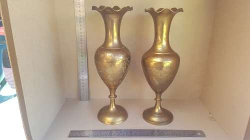 Vintage! Pair Of Large Indian Brass Fluted Vases - Hand Etched