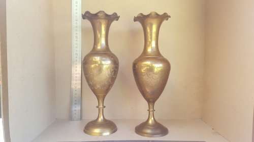 Vintage! Pair Of Large Indian Brass Fluted Vases - Hand Etched