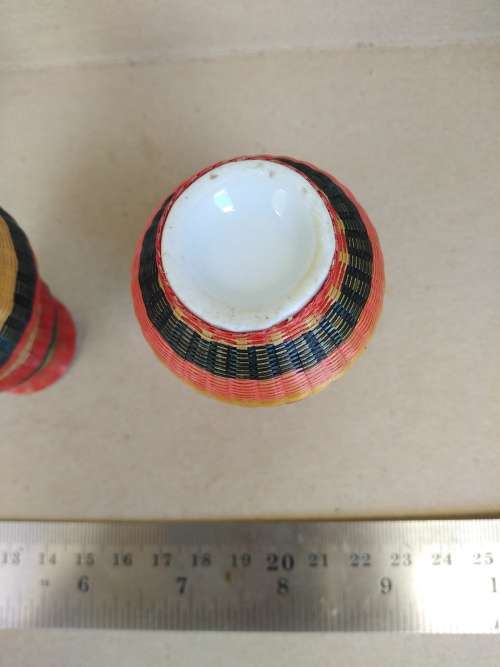 Set Of 3 - Small Ceramic Urns - Finished In Colorful Basket Weave