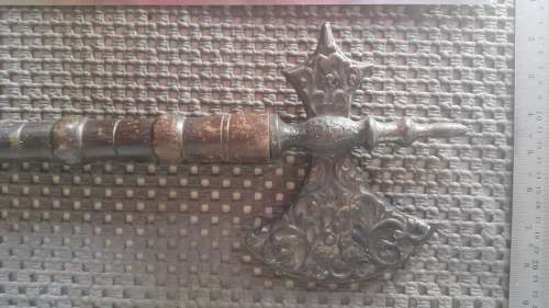 Made In England! Vintage - Cast Iron Decorative Axe With Turned Wood Handles