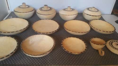 17 Piece African Pot Set! - 4 Pots with Lids - 7 plates and more - Hand Carved wood