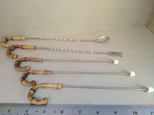 Bamboo Cane Handle -Cocktail Set - Long Spoon And Fork With 3 Skewers
