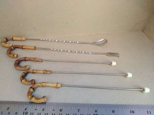 Bamboo Cane Handle -Cocktail Set - Long Spoon And Fork With 3 Skewers