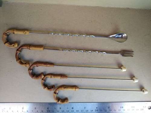 Bamboo Cane Handle -Cocktail Set - Long Spoon And Fork With 3 Skewers