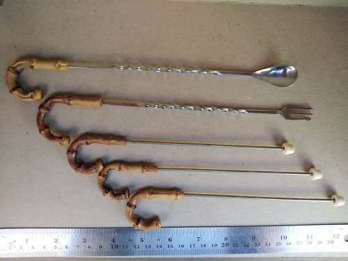 Bamboo Cane Handle -Cocktail Set - Long Spoon And Fork With 3 Skewers