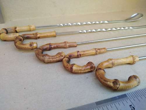 Bamboo Cane Handle -Cocktail Set - Long Spoon And Fork With 3 Skewers