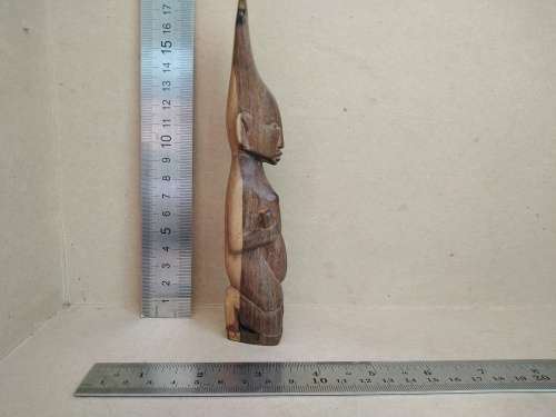 Vintage! - Hand Carved - Dual Tone Wooden Figurine - Lady Holding A Bottle