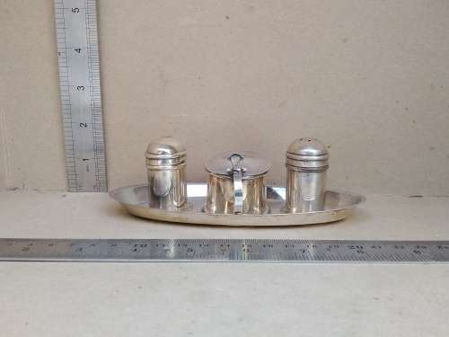 Vintage England Cruet Set -Salt, Pepper Condiment Set On Platter - Cobalt Blue Glass - Silver Plated