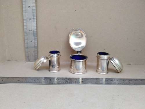 Vintage England Cruet Set -Salt, Pepper Condiment Set On Platter - Cobalt Blue Glass - Silver Plated