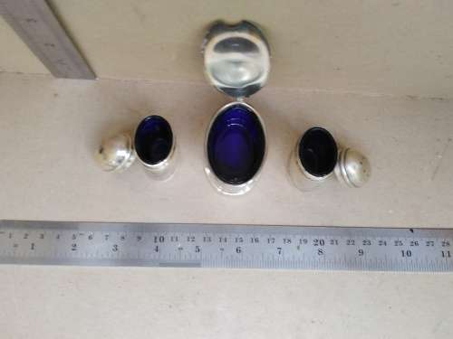 Vintage England Cruet Set -Salt, Pepper Condiment Set On Platter - Cobalt Blue Glass - Silver Plated