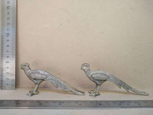 Vintage! Pair Of Pheasant Bird Silver Metal Figurines
