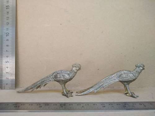 Vintage! Pair Of Pheasant Bird Silver Metal Figurines