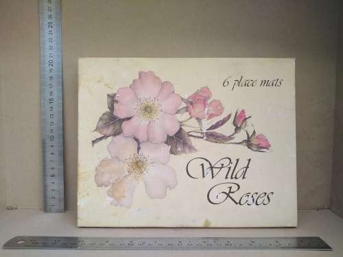 Vintage! Wild Roses - Wooden Lacquered Place Mats With Cork Backing - In Original Box.