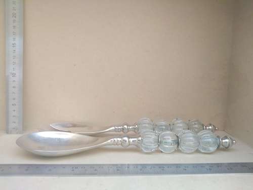 Vintage! Salad Serving Set - Large Stainless Steel With Glass Beaded Handle.