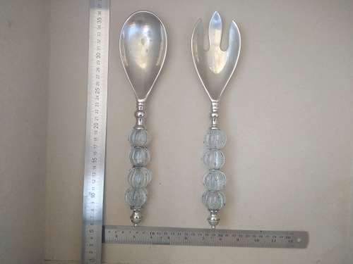 Vintage! Salad Serving Set - Large Stainless Steel With Glass Beaded Handle.