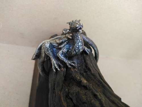 Vintage! Silver Alloy - Dragon On Driftwood Base