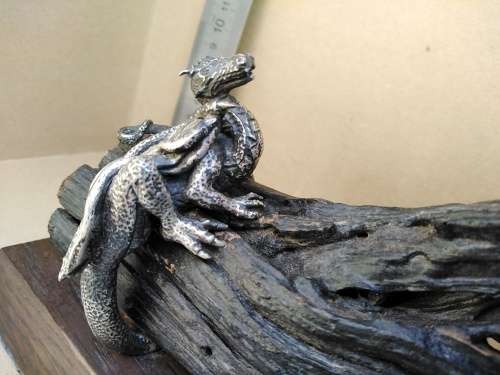 Vintage! Silver Alloy - Dragon On Driftwood Base