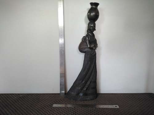 Africana! Tall Polystone Sculpture - Woman Carrying A Water Pot With Baby