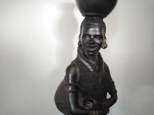 Africana! Tall Polystone Sculpture - Woman Carrying A Water Pot With Baby
