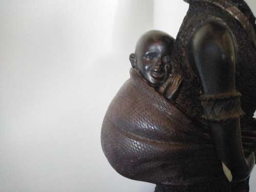 Africana! Tall Polystone Sculpture - Woman Carrying A Water Pot With Baby