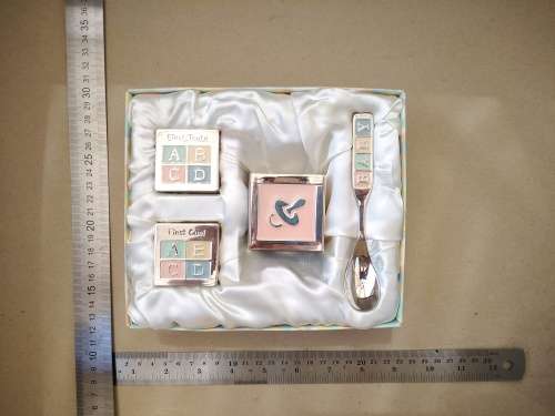 Pastel Enameled - Silver Plated -  Alphabet Blocks Christening Set - First Tooth/Curl, Spoon And Cup
