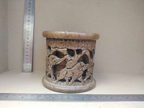 African Hand Carved - Wooden Coaster Set In Caddy/Holder