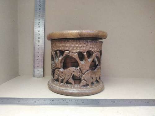 African Hand Carved - Wooden Coaster Set In Caddy/Holder