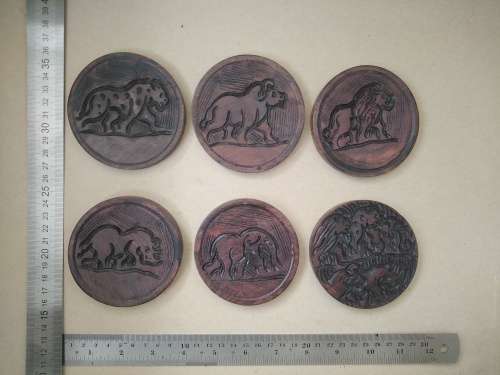 African Hand Carved - Wooden Coaster Set In Caddy/Holder