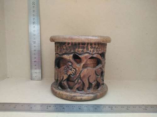 African Hand Carved - Wooden Coaster Set In Caddy/Holder (2)