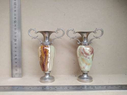 Vintage! Pair Of Greek Onyx/Marble Miniature Decorative Urns