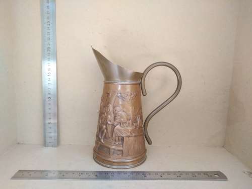Vintage! Market Scene Embossed Copper Ewer / Decanter - Made In Holland