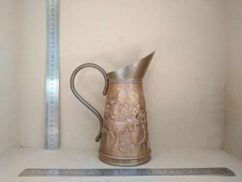 Vintage! Market Scene Embossed Copper Ewer / Decanter - Made In Holland