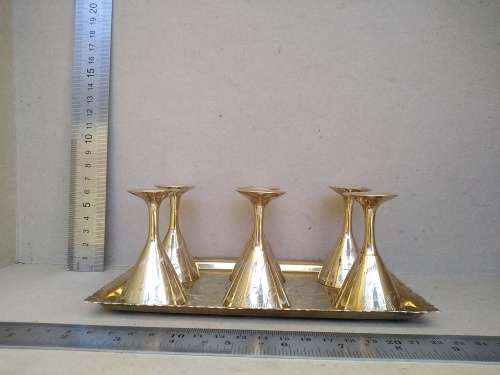 Vintage! Solid Brass - Indian - Set Of 6 Shot Glasses On Matching Tray.
