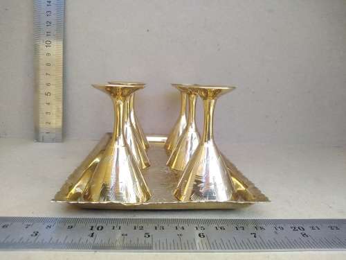 Vintage! Solid Brass - Indian - Set Of 6 Shot Glasses On Matching Tray.