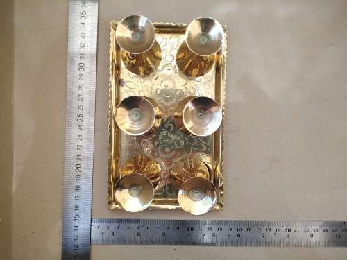 Vintage! Solid Brass - Indian - Set Of 6 Shot Glasses On Matching Tray.