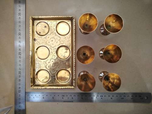 Vintage! Solid Brass - Indian - Set Of 6 Shot Glasses On Matching Tray.