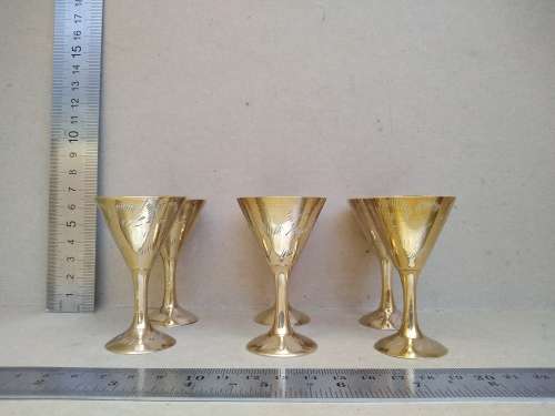 Vintage! Solid Brass - Indian - Set Of 6 Shot Glasses On Matching Tray.