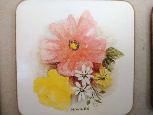 Vintage! N Wiles- Flowers - Set Of Six Coasters With Cork Backing