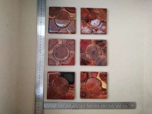 Vintage Weatherwoods SA Live Edge Wooden Slice Mosaic Set of 6 Square Coasters Trivets