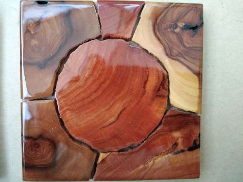 Vintage Weatherwoods SA Live Edge Wooden Slice Mosaic Set of 6 Square Coasters Trivets
