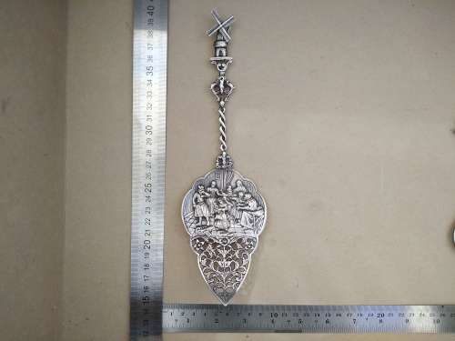 Vintage! - Dutch Set - Scenic Repousse - Silver Plated - Windmill - Sugar Spoon And Cake Lifter