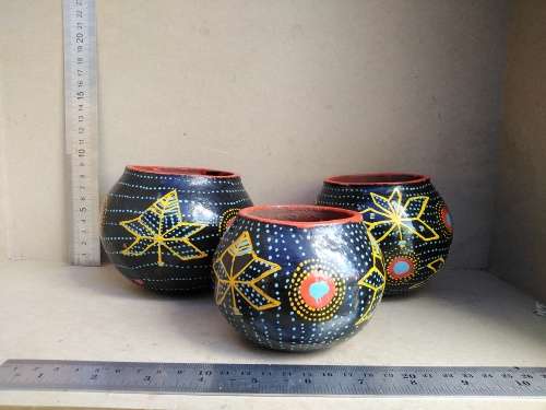 African Zulu Beer Pots - Set of 3 - Hand Painted Geometric Dot Art - Clay Ukhamba