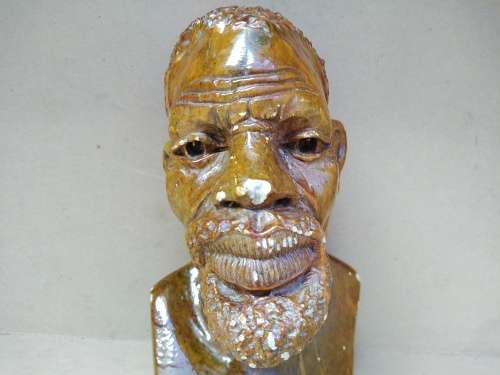 Hand-Carved! African Varnished Stone Bust - Middle Aged Man Sculpture