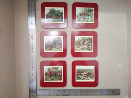 Vintage! Set Of 6 `Clover Leaf` - Old Hunting Scenic - Cork Backed - Coasters