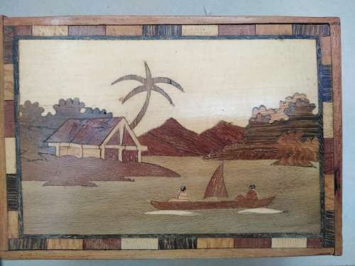 Vintage! Hand Made  - Marquetry Box, Wood Inlay Trinket Box, Tropical Design